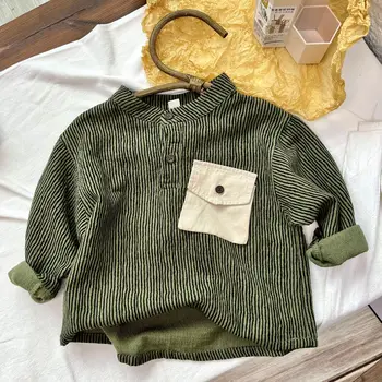 От 1 до 8 лет, 2024 Новая Осенняя рубашка в зеленую полоску для маленьких мальчиков, блузка с длинным рукавом, Школьная детская одежда для малышей, весна