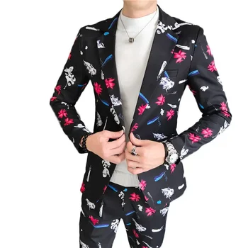 Бутик (костюм + брюки), мужская мода, деловой принт, тонкий повседневный тренд, дышащий Удобный молодежный популярный комплект из 2 предметов