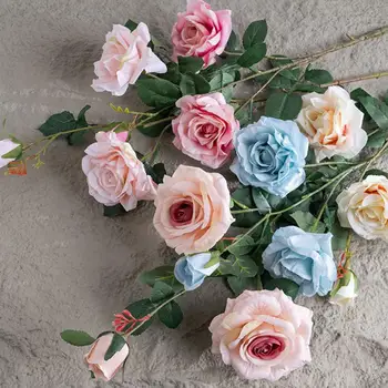 Цветок Ручной работы Реалистичный букет из искусственных роз 3 головки Яркая имитация цвета Свадебная композиция Легко для дома