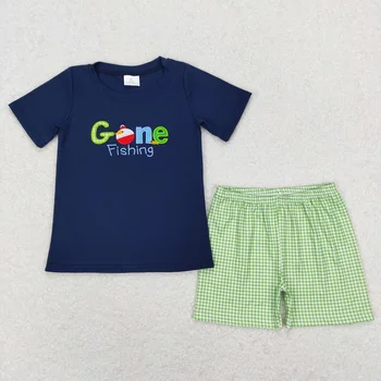 Оптовая Продажа Летний комплект с короткими рукавами для маленьких мальчиков, Детская Футболка с вышивкой для рыбалки, Зеленые Клетчатые шорты для малышей, Детская одежда