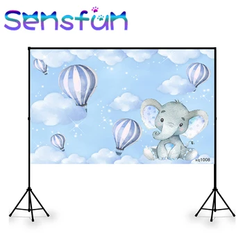 Фотосессия в Душе ребенка, сине-белые облака, воздушные шары, фон для фотосъемки 1-го Дня рождения детей, фон для фотосъемки Слоненка