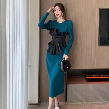 Легкое длинное элегантное платье в зрелом стиле для женщин 2023, французское модное роскошное осенне-зимнее пальто в тон, тонкая юбка
