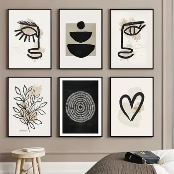 Черно-белый абстрактный плакат, Линия лица, Листья, Геометрия Годового кольца, Настенный арт-принт, холст, живопись, Современная гостиная, домашний декор