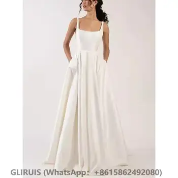 Атласные свадебные платья с квадратным вырезом, Длинные белые Простые свадебные платья Трапециевидной формы без пятен для женщин