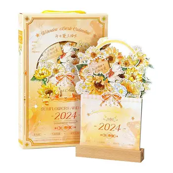 Календарь с цветочной тематикой на 2024 год Декоративный Календарь с цветочным искусством в форме вазы С пустой ежемесячной памяткой На деревянной основе Настольный Цветок