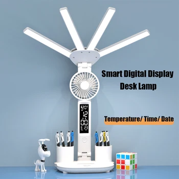 Многофункциональная настольная лампа 3в1 со светодиодной раскладкой с четырьмя головками и вентилятором, календарными часами, USB-перезаряжаемой настольной лампой, 3-х цветная лампа для чтения