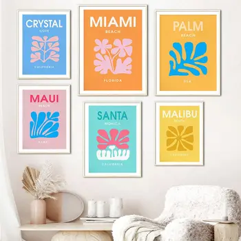 Майами, Малибу, Палм-Бич, Санта, плакат с коралловым цветком, Калифорния, настенное искусство, холст, живопись, принты, настенные панно для декора гостиной