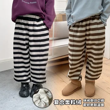 Детская одежда 2023 Зима-осень в корейском стиле для мальчиков и девочек, модные универсальные кашемировые повседневные теплые брюки в полоску