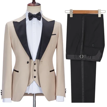 Пиковый лацкан 2023 Мужские костюмы, официальный блейзер, жилет, брюки, приталенный костюм жениха на заказ (куртка + жилет + брюки)