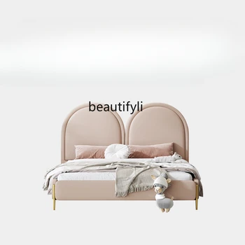 Розовая кровать из массива дерева для девочек, современная простая кожаная кровать, легкая роскошная мультяшная мягкая сумка, кровать принцессы