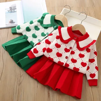Комплект свитеров для девочек 2023, осеннее милое вязаное платье с отворотом, модная Корейская плиссированная юбка в виде сердечка, детская одежда принцессы, Ropa De Niña