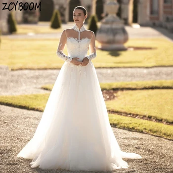 Элегантное свадебное платье с аппликацией с высоким воротом и длинными рукавами 2024 года, Трапециевидное свадебное платье длиной до пола, стреловидный шлейф, молния, сшитое на заказ