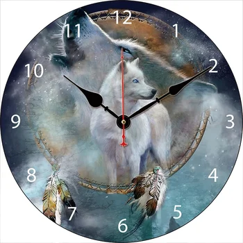 Настенные часы Wolf Dreamcatcher, Круглые Бесшумные Часы, Настенные навесы, Художественный декор для дома, спальни, гостиной, офиса.