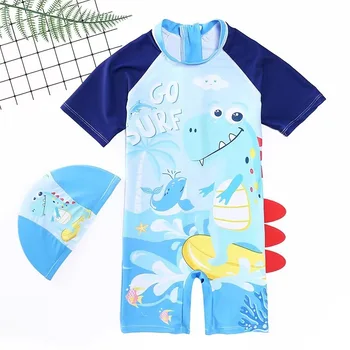 Цельная одежда с коротким рукавом для мальчиков HappyFlute с полным принтом, милая модная одежда для плавания с принтом динозавра для ребенка