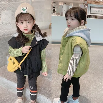 Детские однотонные жилеты без рукавов, повседневные жилеты для девочек, осень-зима, новая модная милая одежда в корейском стиле с капюшоном