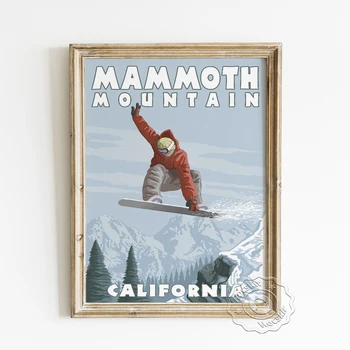 Рекламный плакат путешествия по Калифорнийским горам с мамонтом, Спортивные принты для прыжков на сноуборде, Декор стен на снежных горных лыжах