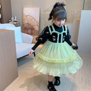 Осенне-зимнее платье для девочек 2024 года, детское платье для дня рождения с рукавом-фонариком, зеленая пышная юбка Loli из двух частей