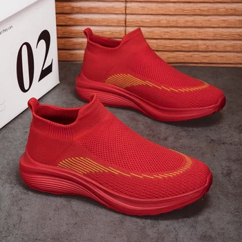 Весенние эластичные повседневные носки и обувь, большие размеры 45, мужская и женская обувь для влюбленных, сетчатая дышащая платформа, красные кроссовки 46.