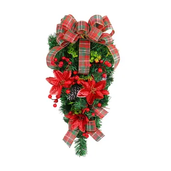 Рождественский цветок Перевернутое дерево 2023 Классический красно-зеленый Клетчатый венок, подвешенный к двери торгового центра 24 Рождественский венок