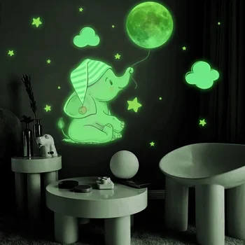 Слоненок Луна, Светящаяся наклейка на стену для ребенка, Детская комната, спальня, Наклейки для украшения дома, светящиеся в темноте Комбинированные наклейки