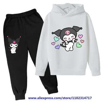 Детские повседневные спортивные костюмы Hello Kitty Для мальчиков и девочек, толстовки Kuromi, Длинные брюки, комплекты из 2 предметов, детский спортивный костюм, одежда