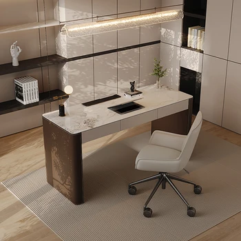 Итальянский минималистичный письменный стол для домашнего кабинета с чувством дизайна, усовершенствованный шиферный стол, роскошный современный компьютерный стол из седельной кожи