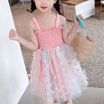 Новое платье для маленьких девочек с 3D бабочкой и рюшами, Многослойное платье на бретелях без рукавов, Летняя Повседневная одежда, Платье принцессы, Горячая распродажа