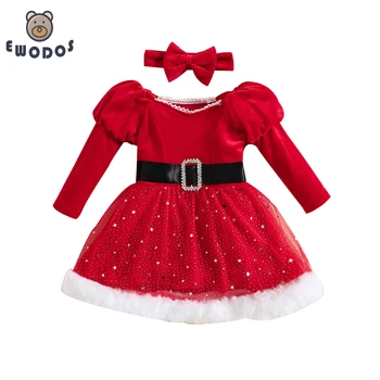 EWODOS/ Рождественские наряды для маленьких девочек, красное бальное платье, платье в стиле пэчворк с длинными рукавами и звездами, повязка на голову с бантом для вечеринки
