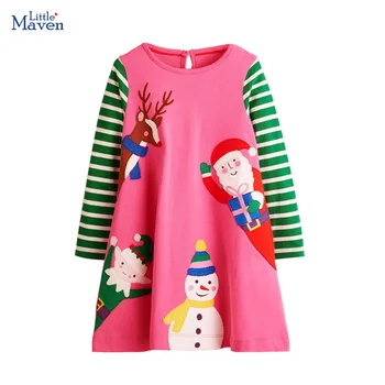 Платье с длинными рукавами для маленьких девочек Little maven, хлопковое Рождественское платье с мультяшной вышивкой, детская весенне-осенняя детская одежда