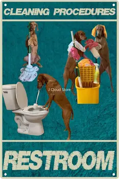Металлическая жестяная вывеска с забавной собачкой - Процедуры по уборке туалета - Винтажный дизайн жестяной вывески для тренажерного зала, пивного клуба, бара у бассейна, ванной комнаты