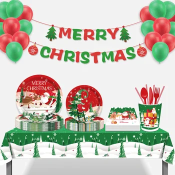 Наборы одноразовой посуды для рождественской елки и Рождественской вечеринки, тематические подарочные пакеты с Санта-Клаусом и снеговиком, баннер, новогодние украшения для вечеринки Globos