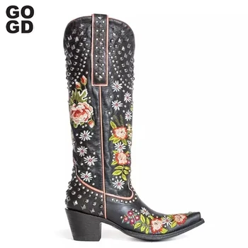 GOGD/ Женские ковбойские сапоги до колен в винтажном стиле с этнической вышивкой и цветочным узором в западном стиле