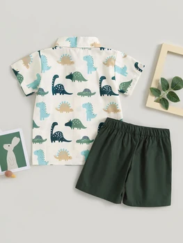 Официальная одежда для мальчиков Urkutoba, рубашка с короткими рукавами и пуговицами с рисунком динозавра и эластичные шорты, летняя одежда из 2 предметов (зеленый 3-4)