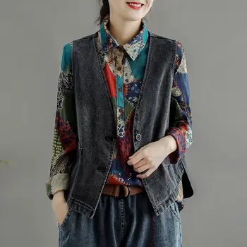 Винтажный модный джинсовый укороченный жилет на пуговицах для женщин Зимнее пальто Рубашка Уличная одежда 2024 Весна Осень