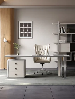 Светлая роскошная каменная панель, современная и простая, сочетание офисного стола и стула из натуральной кожи, домашний компьютерный письменный стол