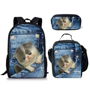 Классическая модная новинка, джинсовые карманные кошачьи/собачьи 3D принты, 3 шт./компл., школьные сумки для учеников, рюкзак для ноутбука, сумка для ланча, пенал для карандашей