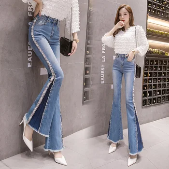 Высококачественные джинсы-клеш с эластичной резинкой на талии, широкие брюки-клеш в цветочную полоску, расшитые бисером, Широкие брюки-клеш Mom Jeans