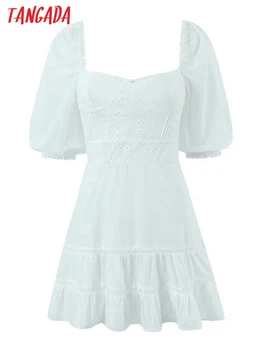 Tangada 2024 Женское Белое хлопковое сексуальное платье с открытой спиной, пышные Мини-платья на молнии с коротким рукавом 4D2