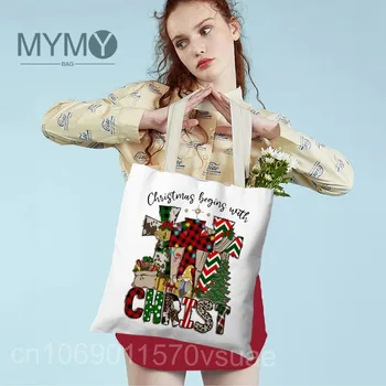 Сумка через плечо с рождественскими буквами, женская сумка с рисунком распятия, переносные хозяйственные сумки, холщовые сумки для девочек большой емкости