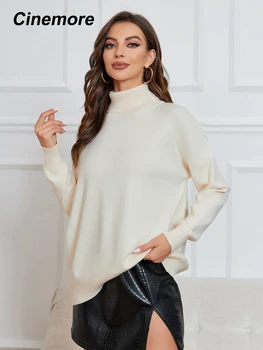 Женский свитер Cinemore, Однотонные повседневные пуловеры оверсайз, рубашка, теплый базовый топ с длинным рукавом, вязаный джемпер с высоким воротом, свитер Z042