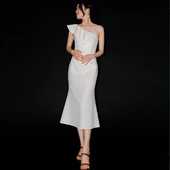 Дешевые платья подружек невесты длиной до белого чая с оборками в виде русалки на одно плечо, свадебное платье для корейских женщин, платье для беременных