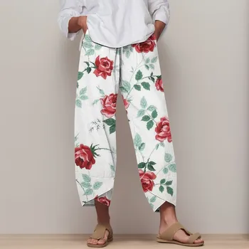Винтажные летние женские шаровары с цветочным принтом, широкие укороченные брюки, пляжные мешковатые брюки с эластичной резинкой на талии, женские брюки