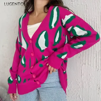 Женские жаккардовые свитера с леопардовым рисунком, Вязаный кардиган, Однобортный Свободный женский элегантный V-образный вырез, Новая осенне-зимняя ткань