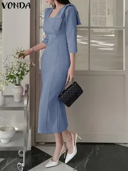 Элегантное женское платье VONDA, Модный офисный сарафан с квадратным воротником, летние повседневные однотонные платья Миди Оверсайз 2024 г.