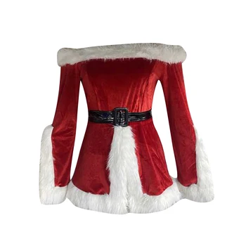Женский рождественский костюм с открытыми плечами, пушистое лоскутное платье с разрезом, поясом и шляпой, праздничный наряд