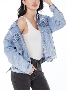 женская джинсовая куртка-бомбер с потертостями и дырками, женская винтажная элегантная верхняя одежда, осеннее модное пальто vangull 2021, женская джинсовая куртка