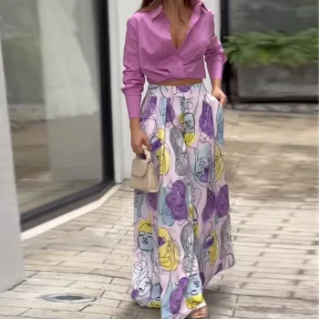 Осенний женский комплект брюк 2023, Однотонная рубашка с фиолетовым принтом, полуоткрытый воротник, Свободный комплект широких брюк с принтом, Модные повседневные сочетания
