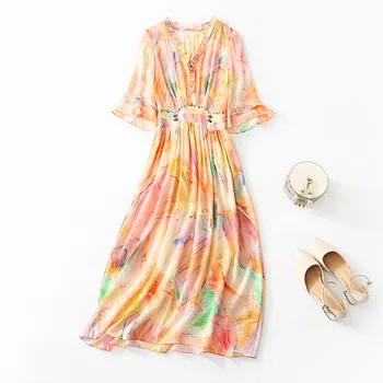 Birdsky, 1ШТ Женское платье с V-образным вырезом, радужные оборки, бисероплетение на талии, 100% натуральный принт из шелка тутового дерева, S-683