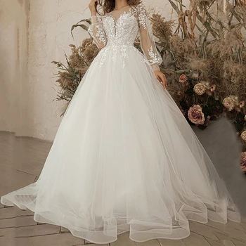 2023 Сексуальное белое свадебное платье с длинными рукавами, глубокий V-образный вырез, Кружевные аппликации, Тюлевое свадебное длинное платье, vestido de novia encaje