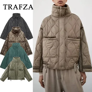 TRAFZA 2023 Женская Осенне-зимняя куртка с карманами в винтажном стиле, Повседневное Модное теплое пальто на молнии волнистого кроя, женские куртки-Рестро